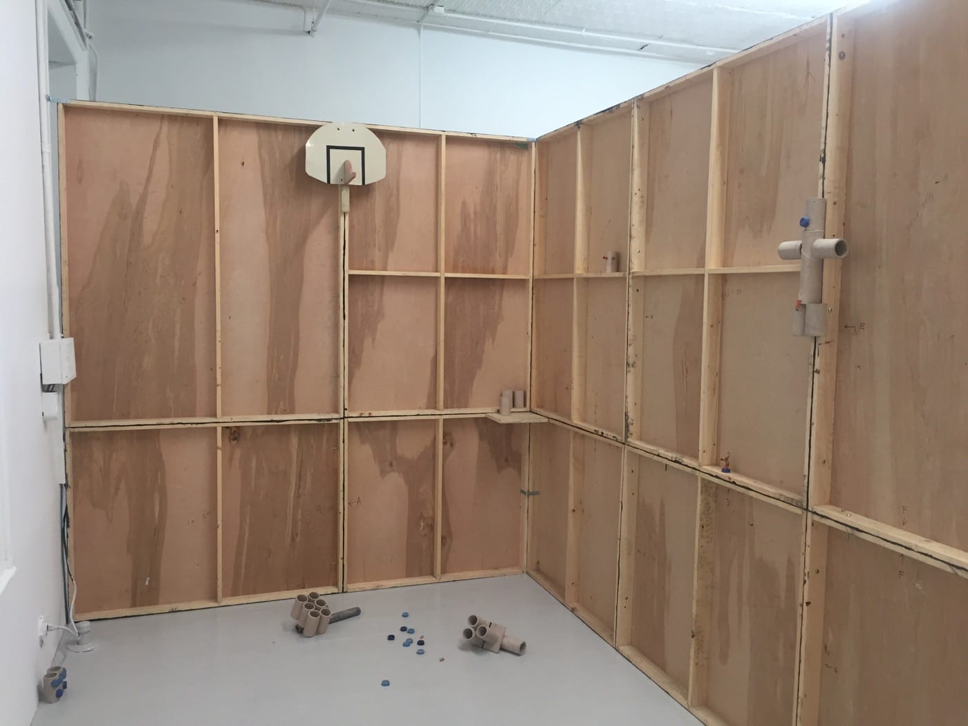 Installation view with hand-built ceramics