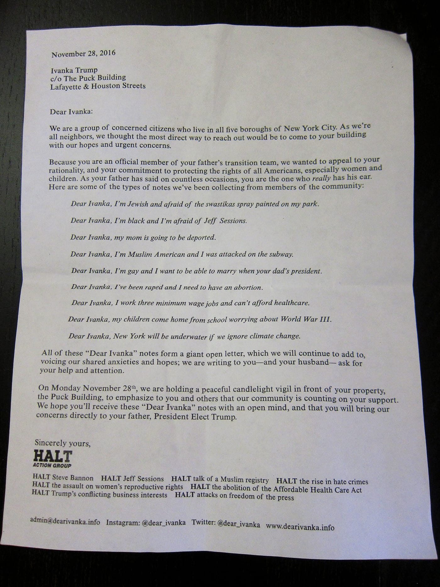 A letter by Halt Action Group to Ivanka Trump