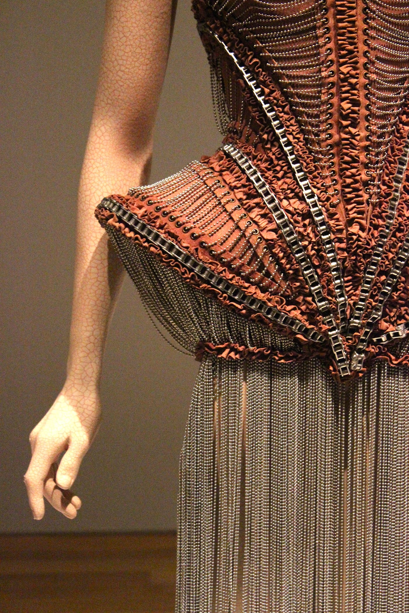 Iris van Herpen, Mummification, Dress, January 2009, Goat suede, motor chain, ball chain, metal eyelets, elastic, cotton, detail view.