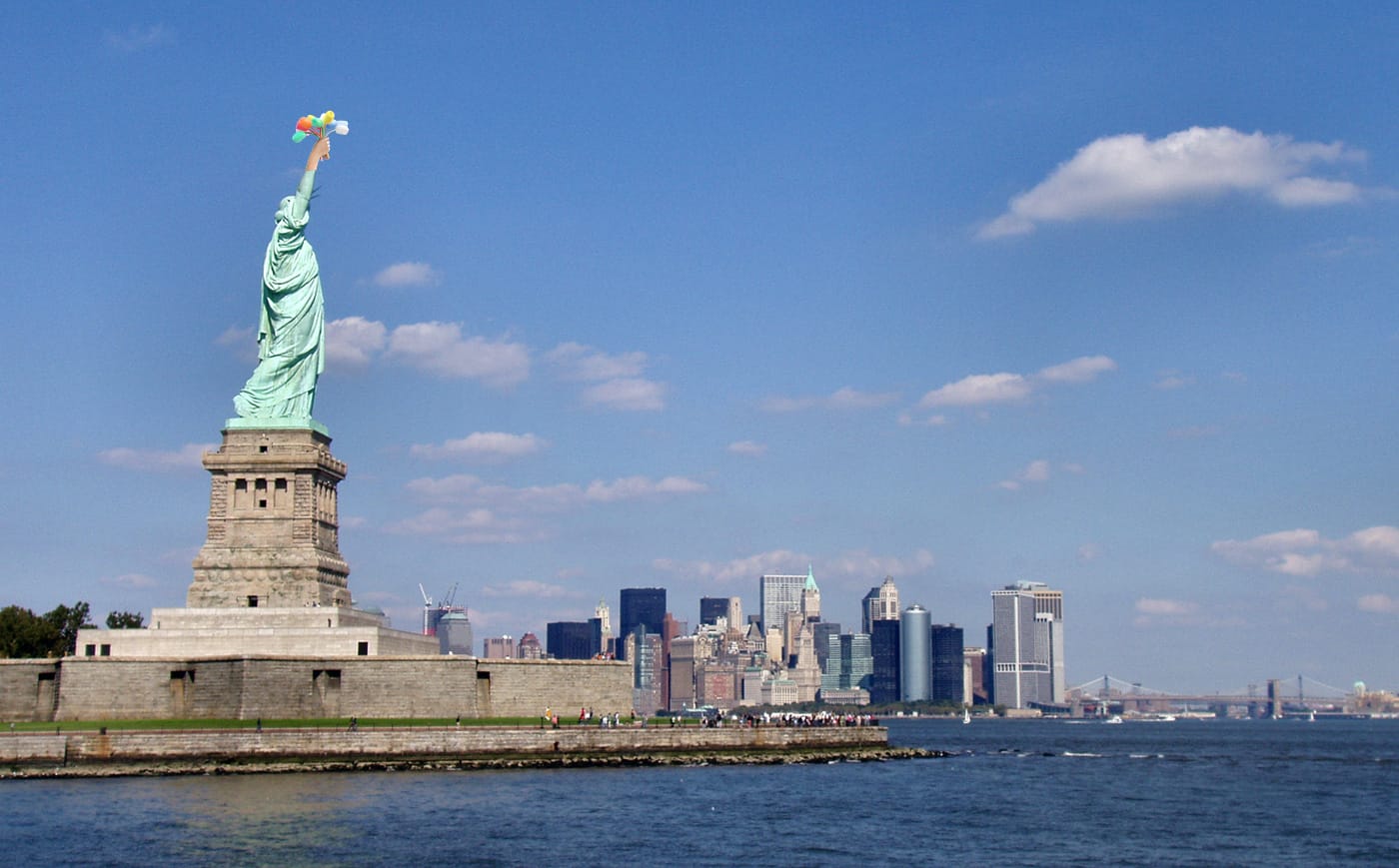 The author's rendering of Jeff Koons's "Bouquet of Tulips" (2016) affixed to the Statute of Liberty (with photo via Wikimedia Commons)