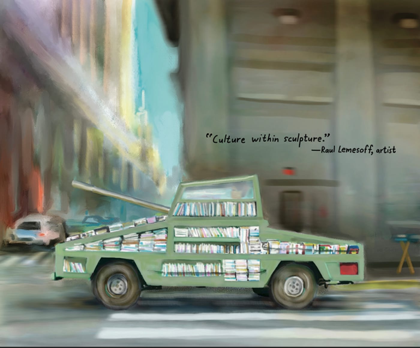 Bob Eckstein, "Weapon of Mass Instruction, Argentina," a mobile bookstore tank (courtesy the artist)