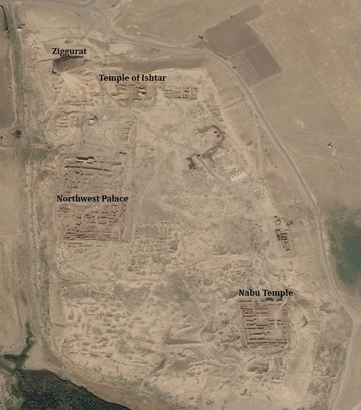 The ziggurat of Nimrud seen in the upper left-hand corner of satellite images from late August, early October, mid October, and early November (gif by the author from photos courtesy American Schools of Oriental Research Cultural Heritage Initiatives, DigitalGlobe)