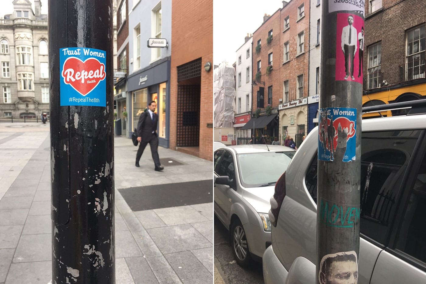 A sticker variation of Maser’s mural, with the words “trust women” added, can be seen all over Dublin. So can intentional destruction of it. (photos by the author for Hyperallergic)