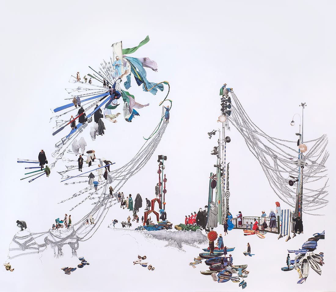 Rachel Farbiarz, "Pontoon" (2016), graphite and collage, 47 x 52 1/2 in