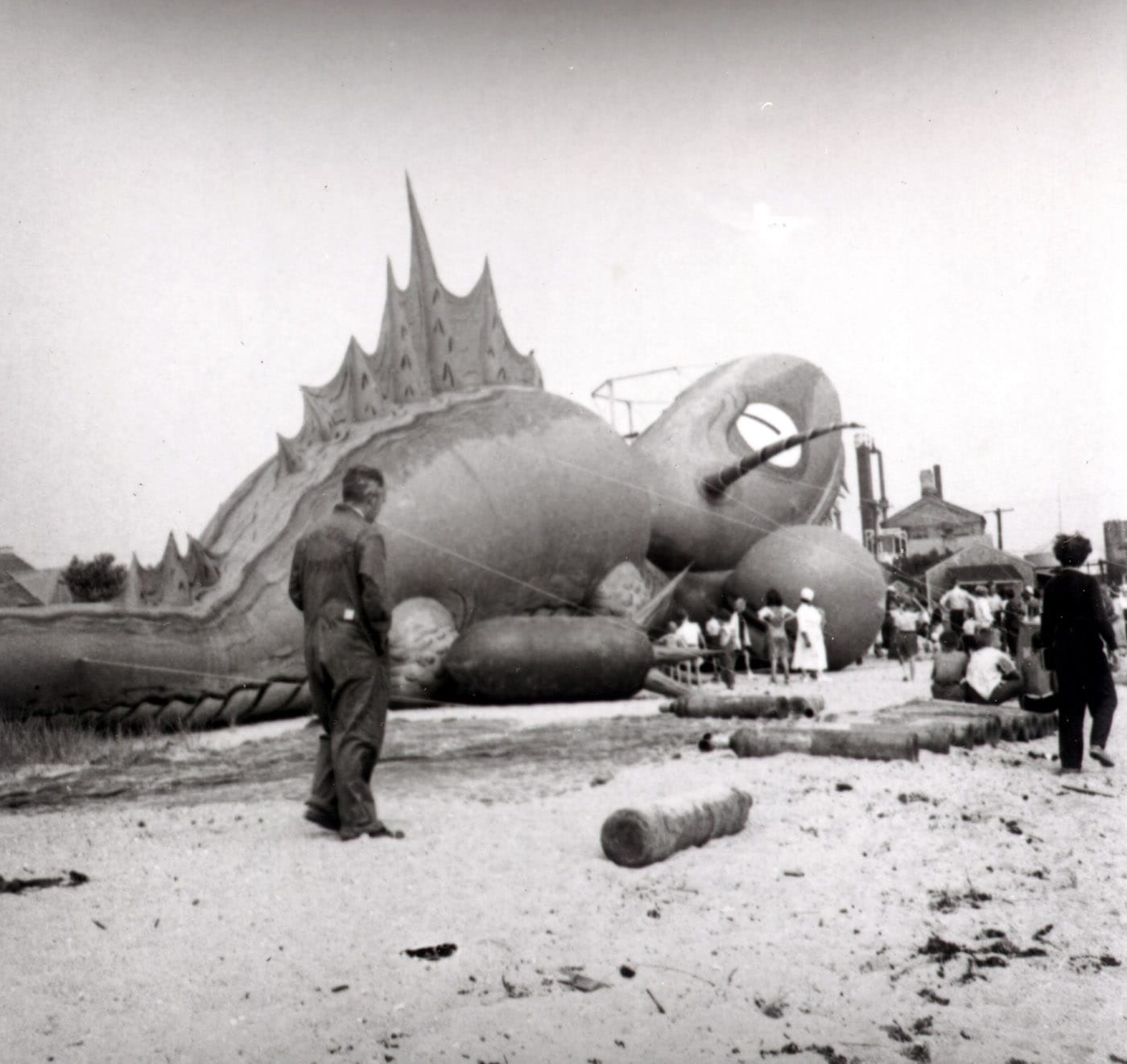 Tony Sarg's sea serpent on the Nantucket beach (1937) (via Nantucket Historical Association/Flickr)