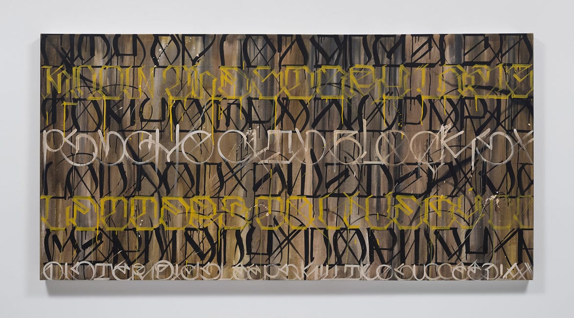 David Cavazos (Big Sleeps), "Por todo El Mundo" (2016), mixed media on canvas, 48 x 96 in. (via lalouver.com)