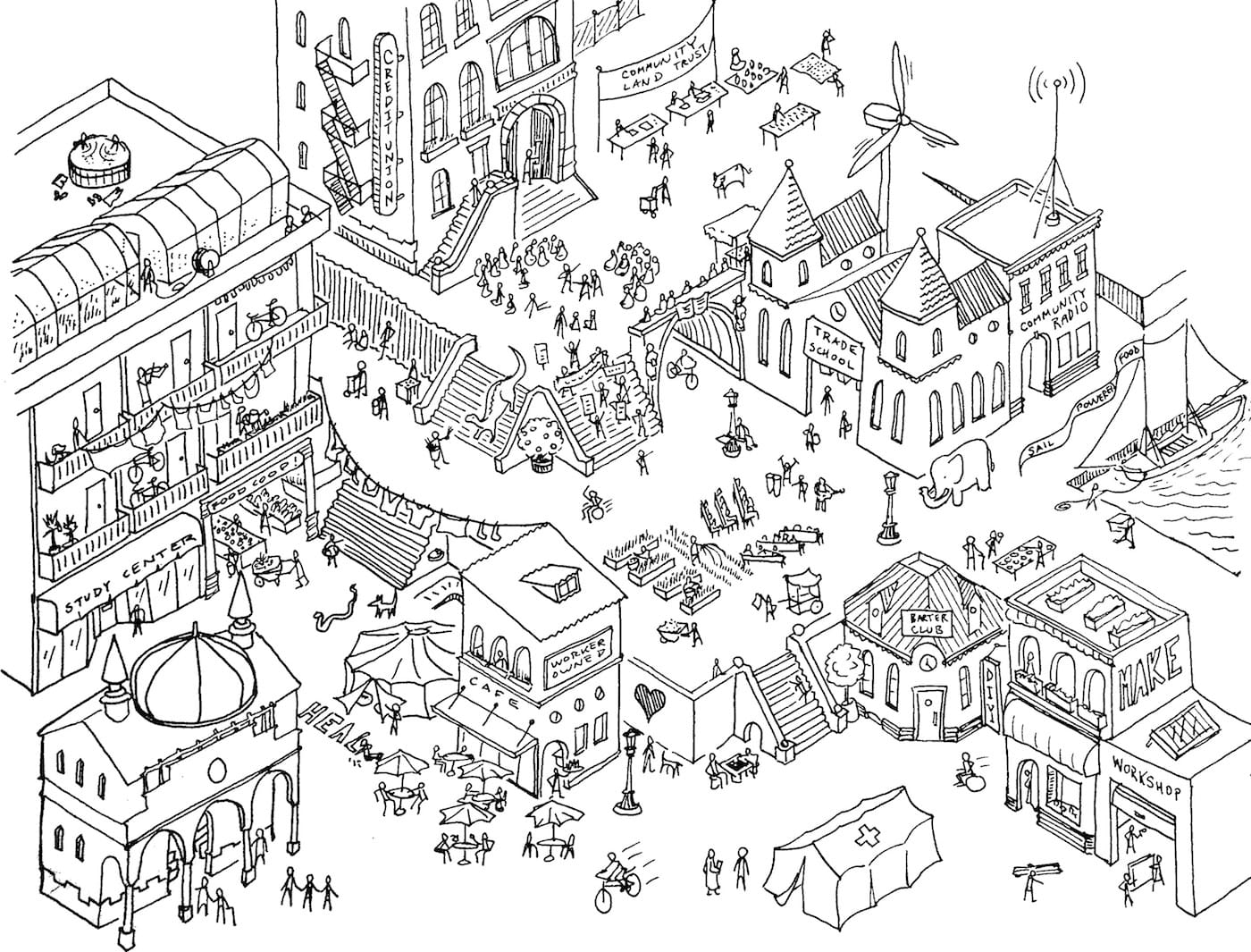 Jeff Warren and Caroline Woolard, "Solidarity Art Economies" (2016), ink on paper