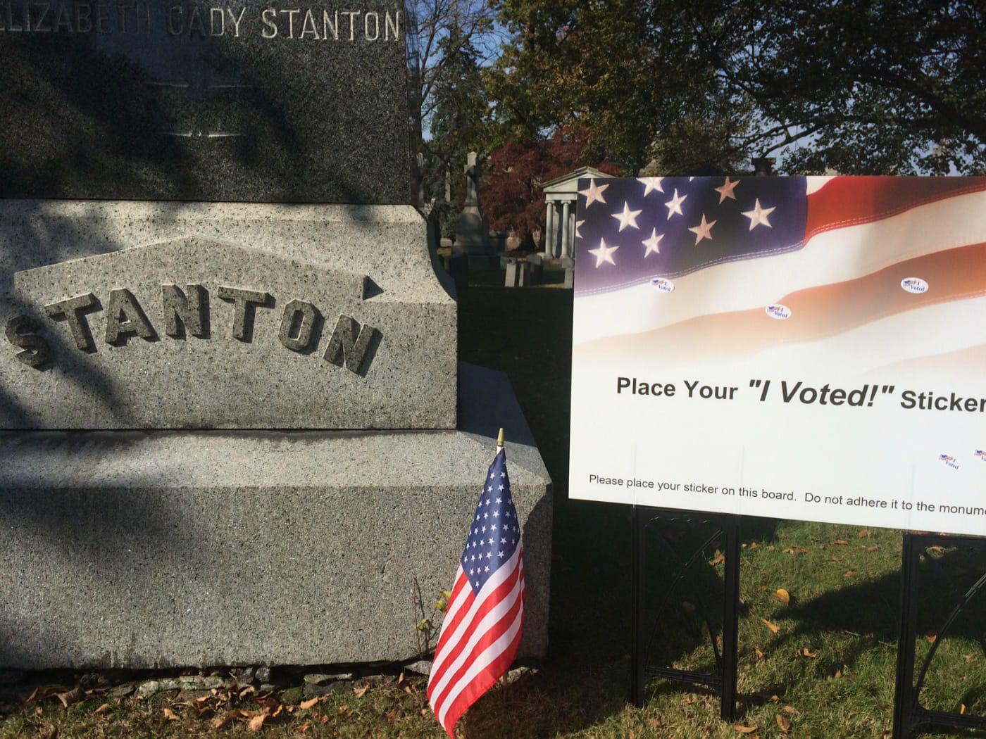 Voting stickers at the grave of Elizabeth Cady Stanton in Woodlawn Cemetery, The Bronx (courtesy Woodlawn Cemetery)