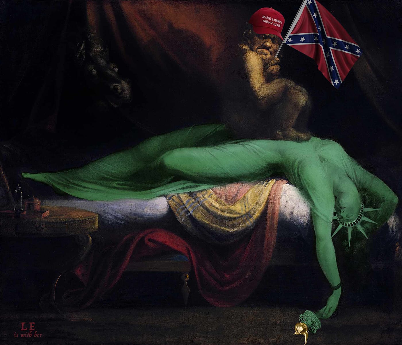 Artist Leone Ermer submitted this play on Swiss artist Henry Fuseli's 1781 canvas, "The Nighmare." It's pretty frightening. (copyright the artist and used with permission)