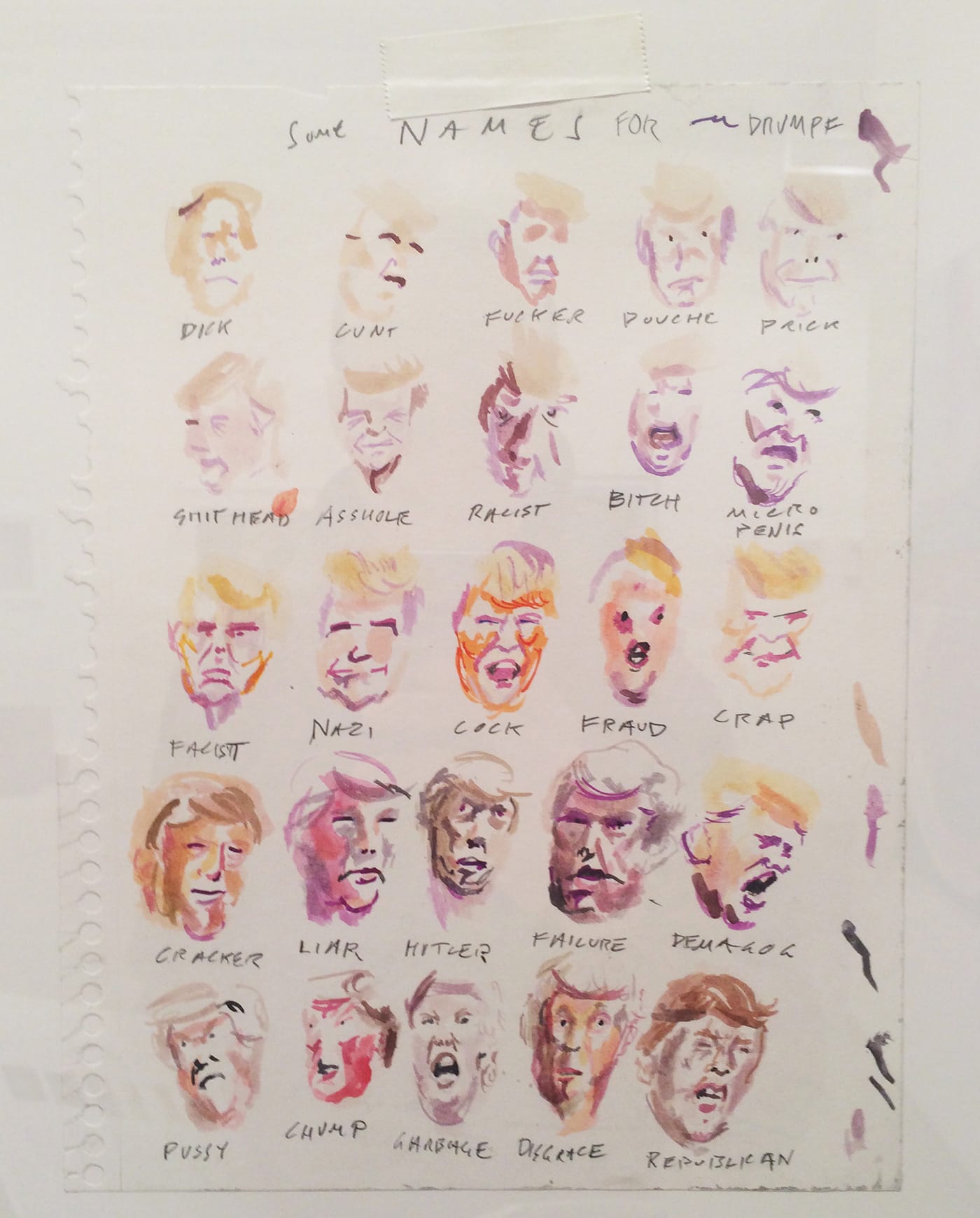 William Powhida, "Study for Some Names for Drumpf" (2016), watercolo and artist's tape on paper mounted on archival foamcore, 24 x 18 in