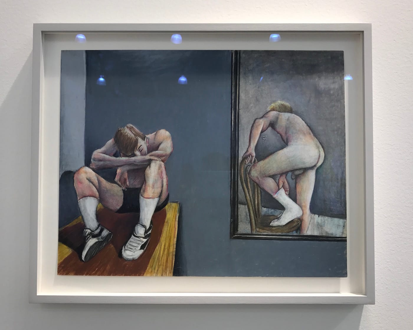 Peter Angus, “Two Dancers in the Changing Room Backstage at the Gaiety” (1991), oil pastel on paper, 11 1/4 x 14 in, at Galerie Thomas Fuchs's booth