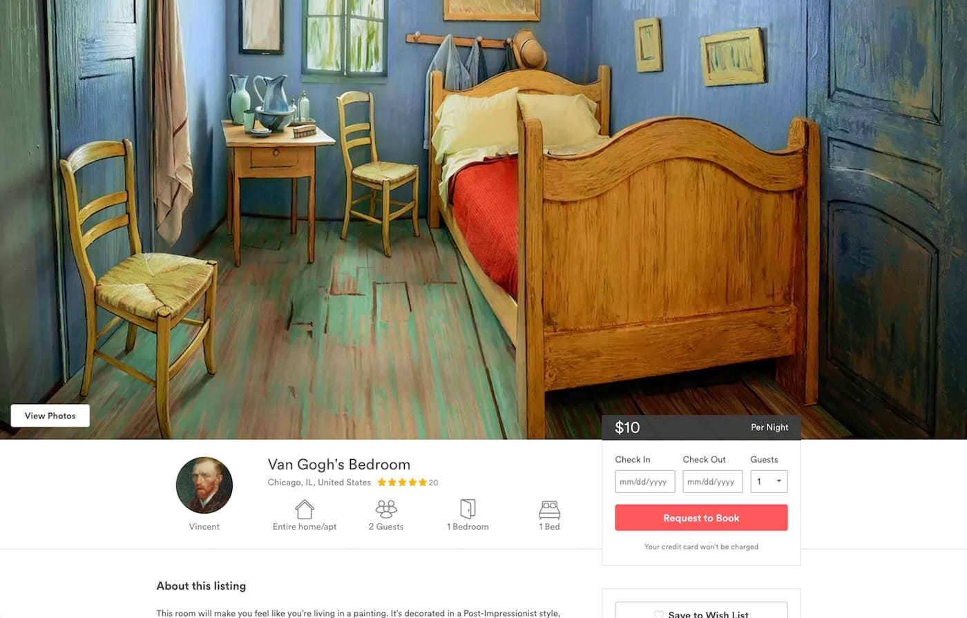 The Airbnb listing for the Art Institute of Chicago's live-in recreation of Vincent van Gogh's bedroom in Arles (screenshot via Airbnb)