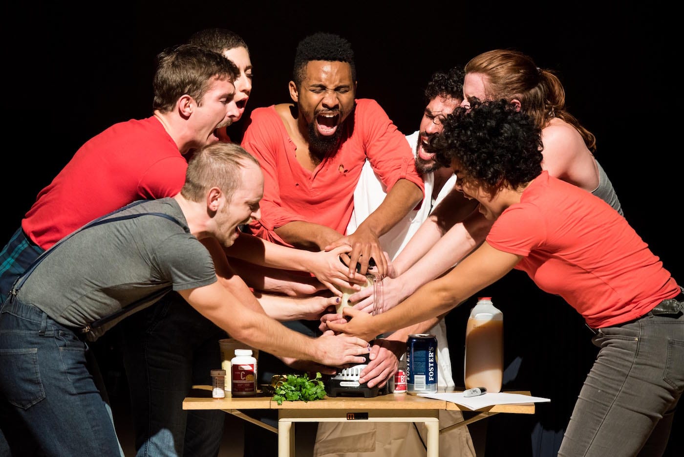 Left to right: Alex Rodabaugh, Charles Gowin, Talya Epstein, Johnnie Cruise Mercer, Alvaro Gonzalez, Tony Carlson, and Madison Krekel in Variations on Themes from Lost and Found: Scenes from a Life and other works by John Bernd, Danspace Project (photo by Ian Douglas, courtesy Danspace Project)