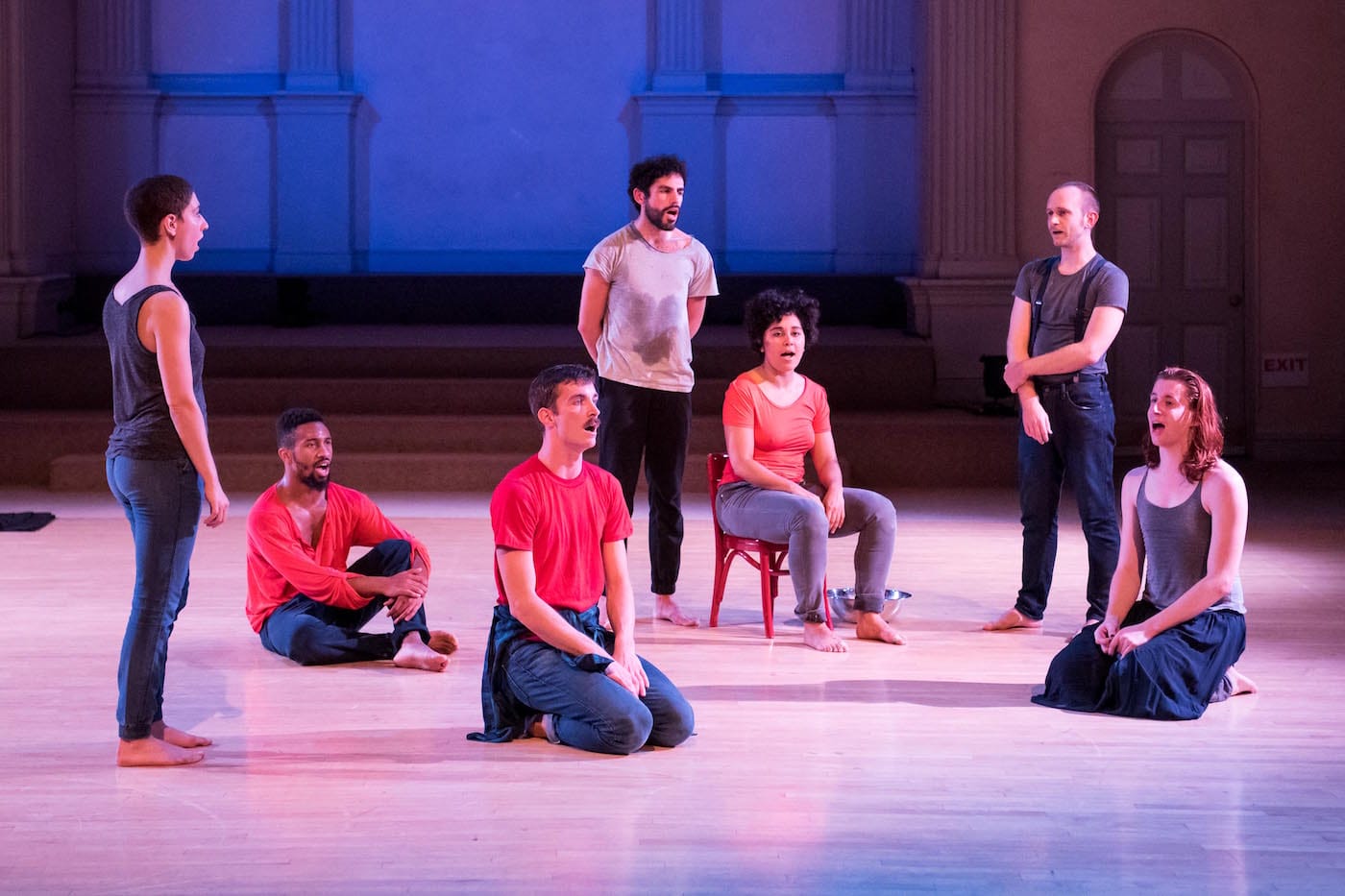 Left to right: Talya Epstein, Johnnie Cruise Mercer, Charles Gowin, Alvaro Gonzalez, Madison Krekel, Alex Rodabaugh, and Tony Carlson in Variations on Themes from Lost and Found: Scenes from a Life and other works by John Bernd, Danspace Project (photo by Ian Douglas, courtesy Danspace Project)