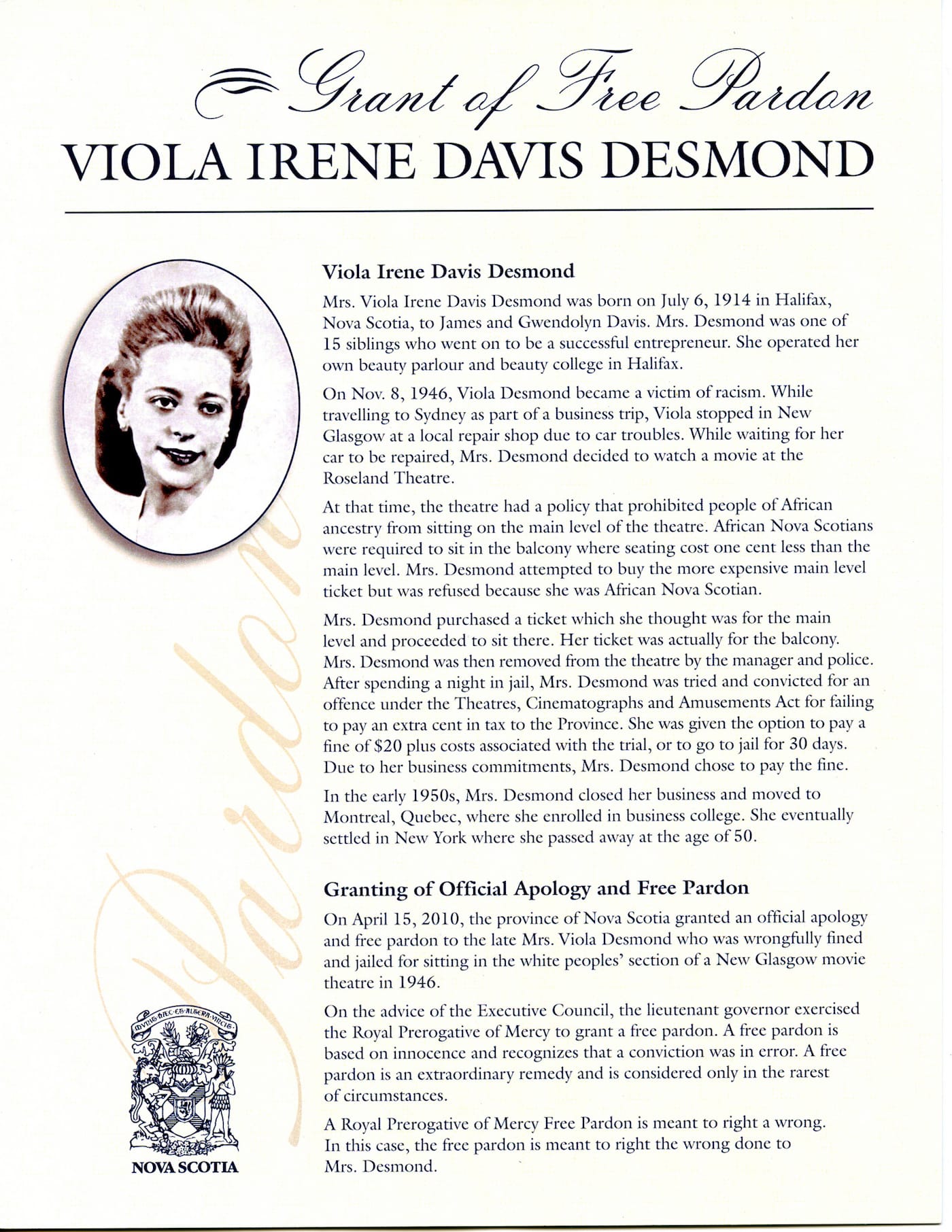 Viola Desmond Grant of Free Pardon (2010) (Collection de Wanda Robson. Institut Beaton, Université du Cap-Breton, courtesy Bank of Canada)