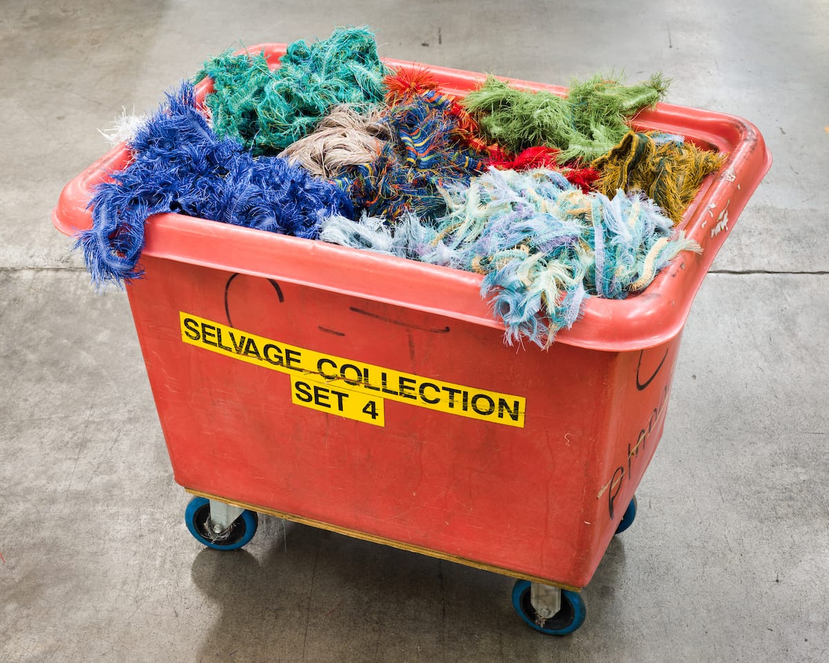 Rectangular basket (2002), textile since 2000, designed by Luisa Cevese, manufactured by Luisa Cevese Riedizioni, damaged and discarded overdyed fishnets, polyurethane; 8 × 14 × 7 in. Photo: © 2016 Christopher Payne