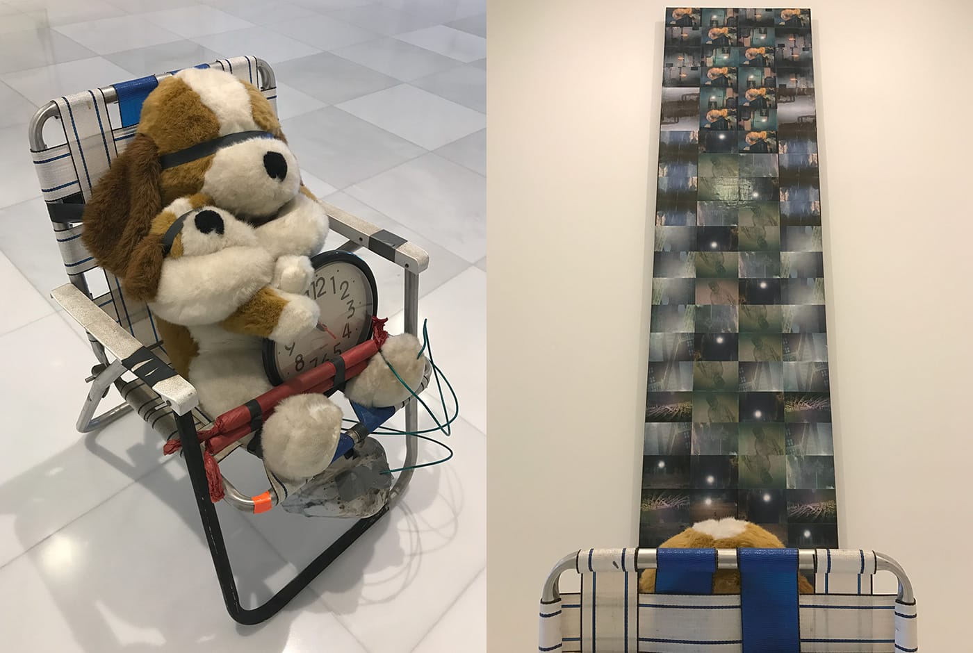 Detail views of Luis Cruz Azaceta, "Dialogue 9/11" (2001), photographs on wood, mixed media, stuffed animals, folding chair, 96 x 24