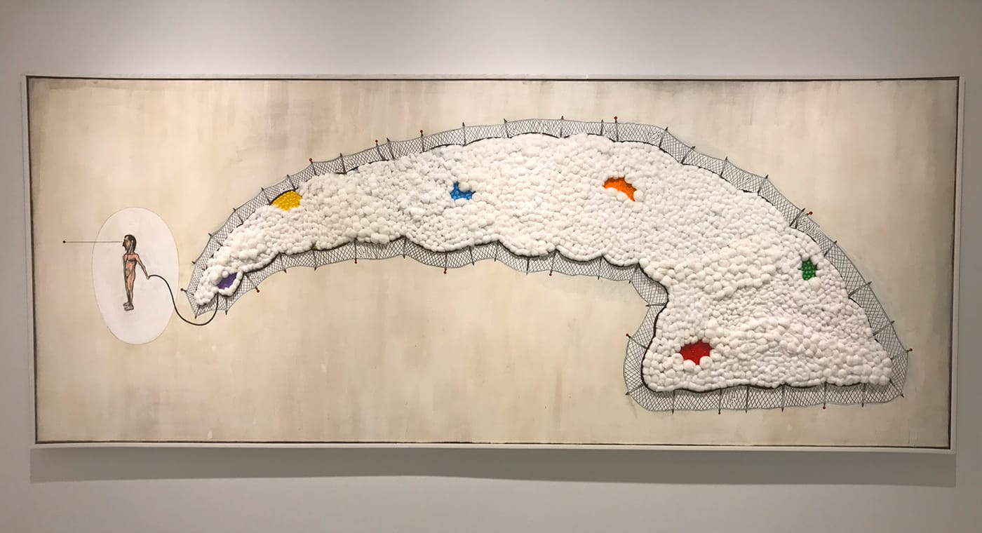 Luis Cruz Azaceta, "Exiled 50" (2009), acrylic, cotton, pencil, shellac on canvas, 60 x 144 in