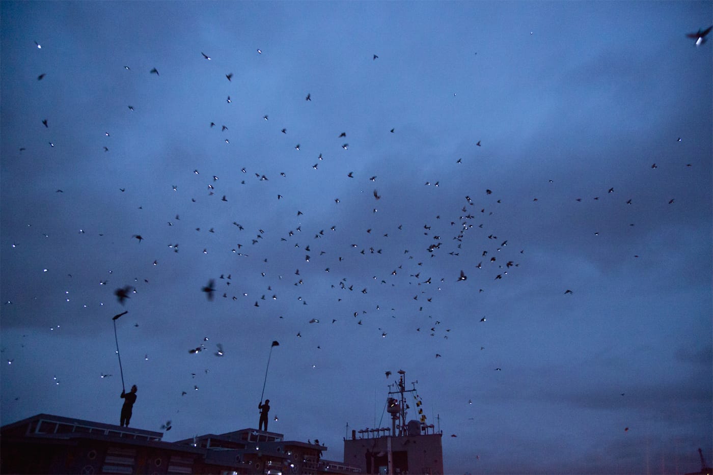 Duke Riley, “Fly By Night” at the Brooklyn Navy Yard (photo Jake Silby/Hyperallergic)