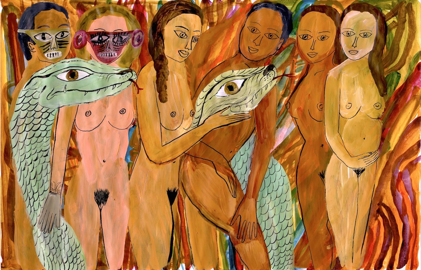 Arrington de Dionyso, "Two Masks Two Dragons" (2016), acrylic ink and acrylic paint on paper