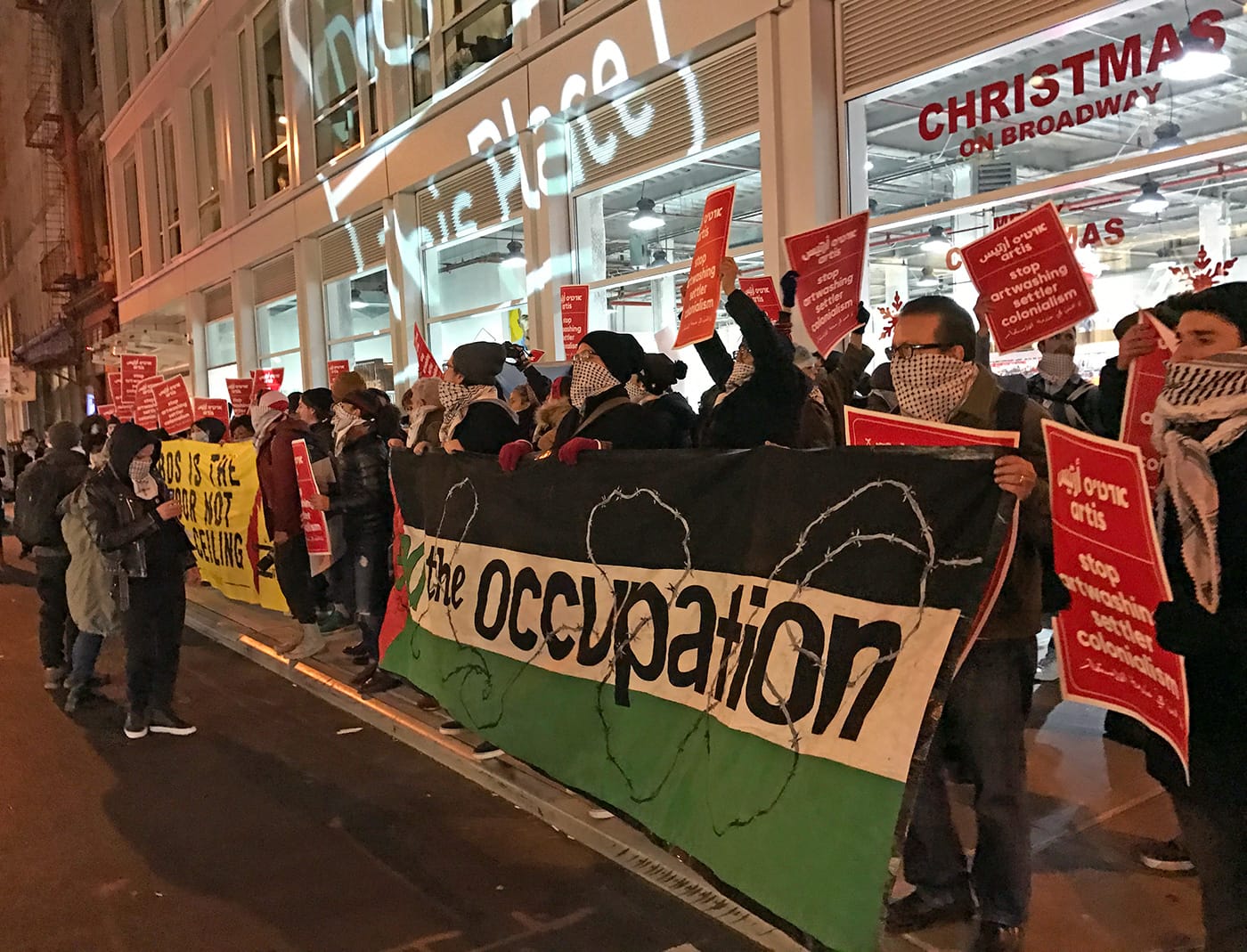 A view of the #DecolonizeThisPlace protest in front of the Artis offices at Broadway and Howard Street (all photos by the author for Hyperallergic)