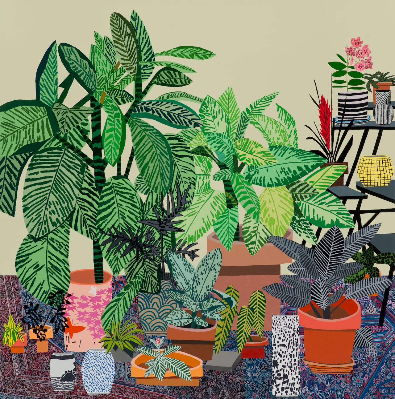 Jonas Wood, “Blue Rug Still Life” (2014), oil and acrylic on canvas, 105 x 103 inches (image courtesy the artist, Shane Campbell Gallery, Chicago; Anton Kern Gallery, New York; David Kordansky Gallery, Los Angeles; and Gagosian Gallery)