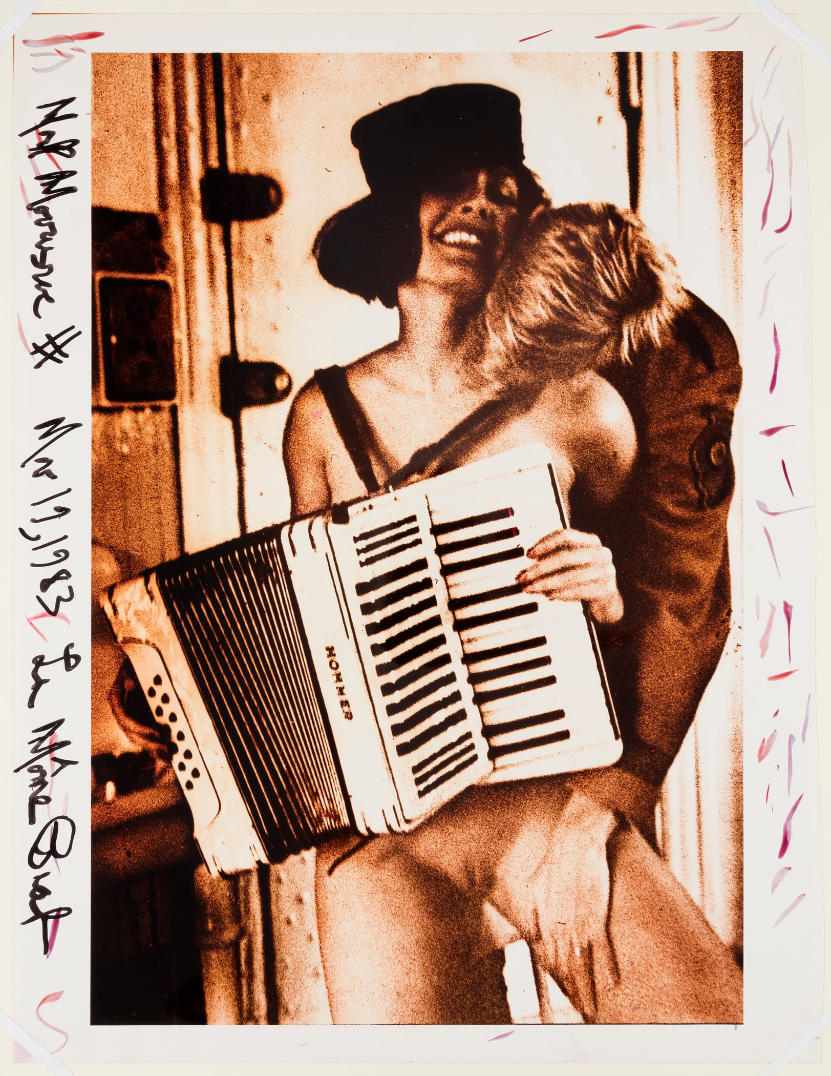 Mark Morrisroe, "La Mome Piaf (Pat and Thierry)" (1982), c-print, negative sandwich, retouched with ink and inscribed with marker, 20 x 16 in