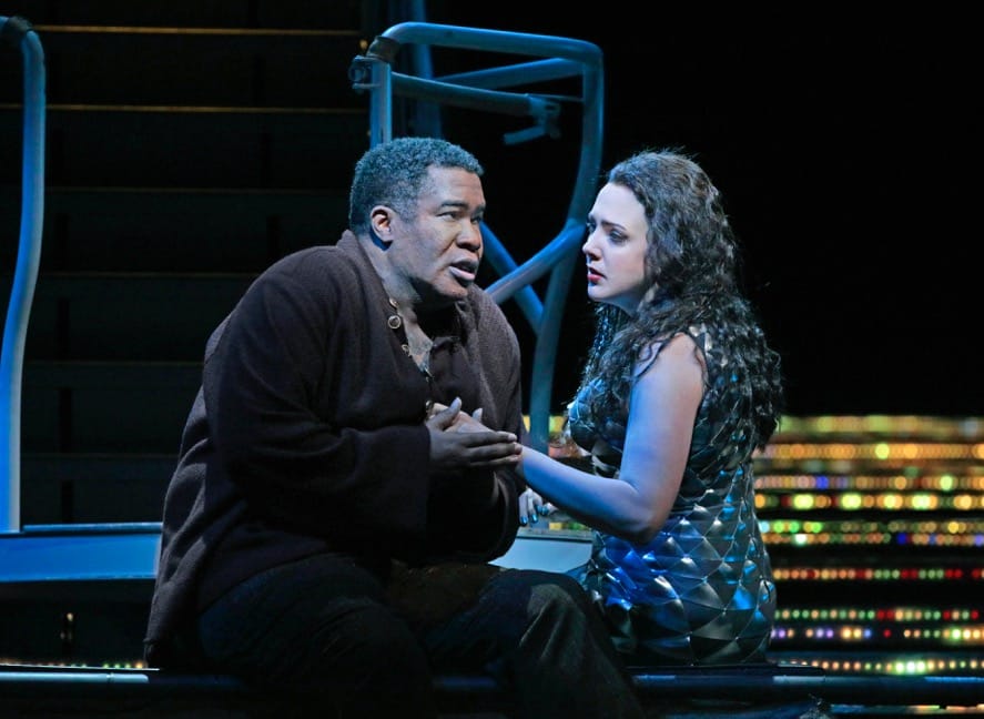 Eric Owens as Jaufré Rudel and Susanna Phillips as Clémence in Kaija Saariaho's <em>L'Amour de Loin</em> (photo by Ken Howard, courtesy the Metropolitan Opera)