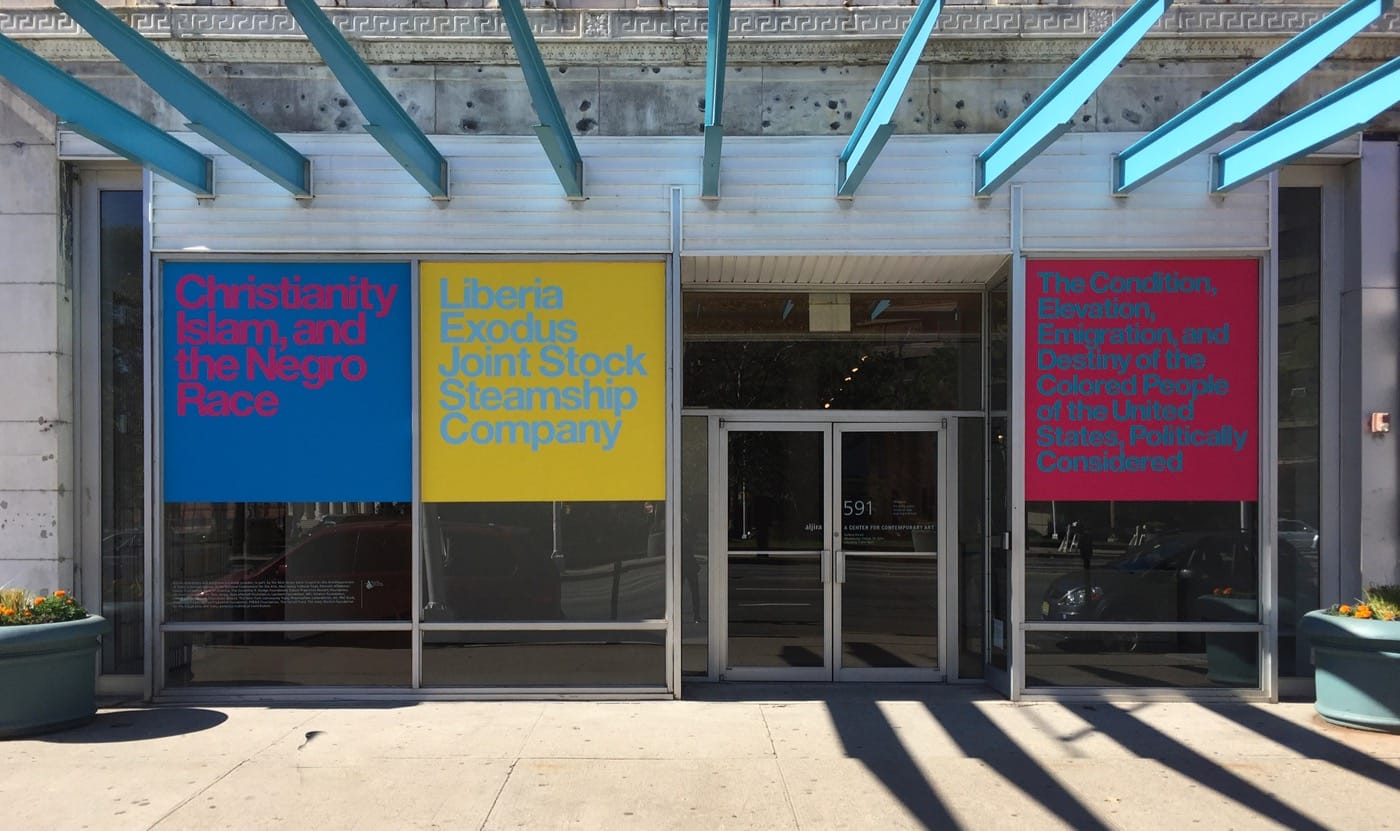 Installation view of the front Aljira with the works "lorem ipsum Martin Delany 1877," "lorem ipsum Martin Delany 1852," and "lorem ipsum Edward Wilmont Blyden 1887," (all 2012)