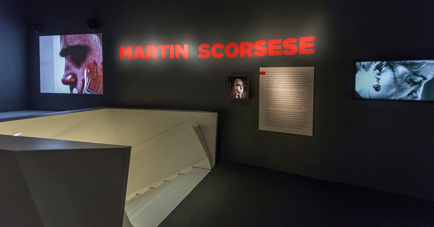 Entry area and title sign for <em/>Martin Scorsese at the Museum of the Moving Image (photo by Thanassi Karageorgiou, courtesy the Museum of the Moving Image)