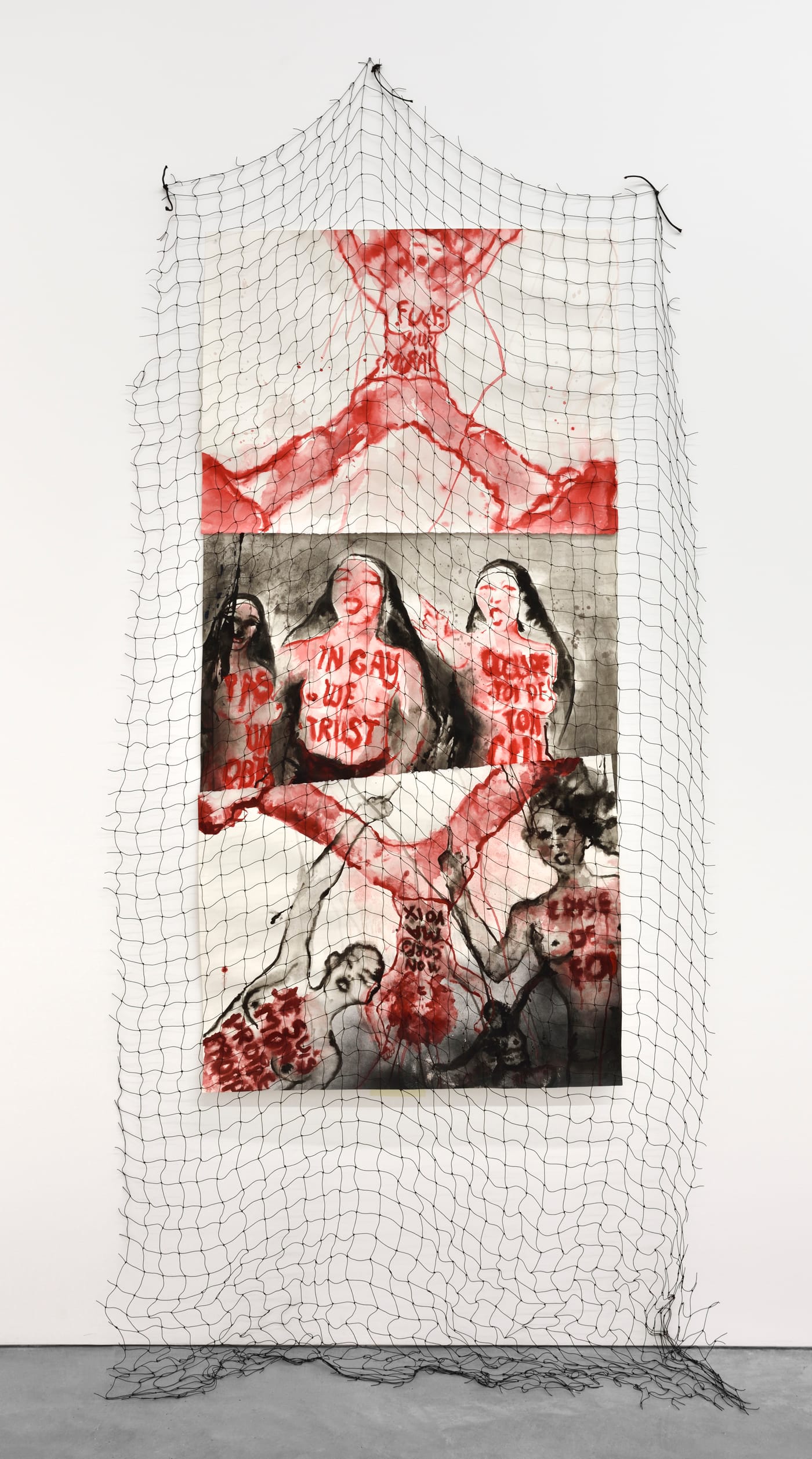 Annette Messager, "In Gay we Trust" (2016), composition of three drawings, acrylic on paper, fishnet, 22 3/8 x 14 3/4 in