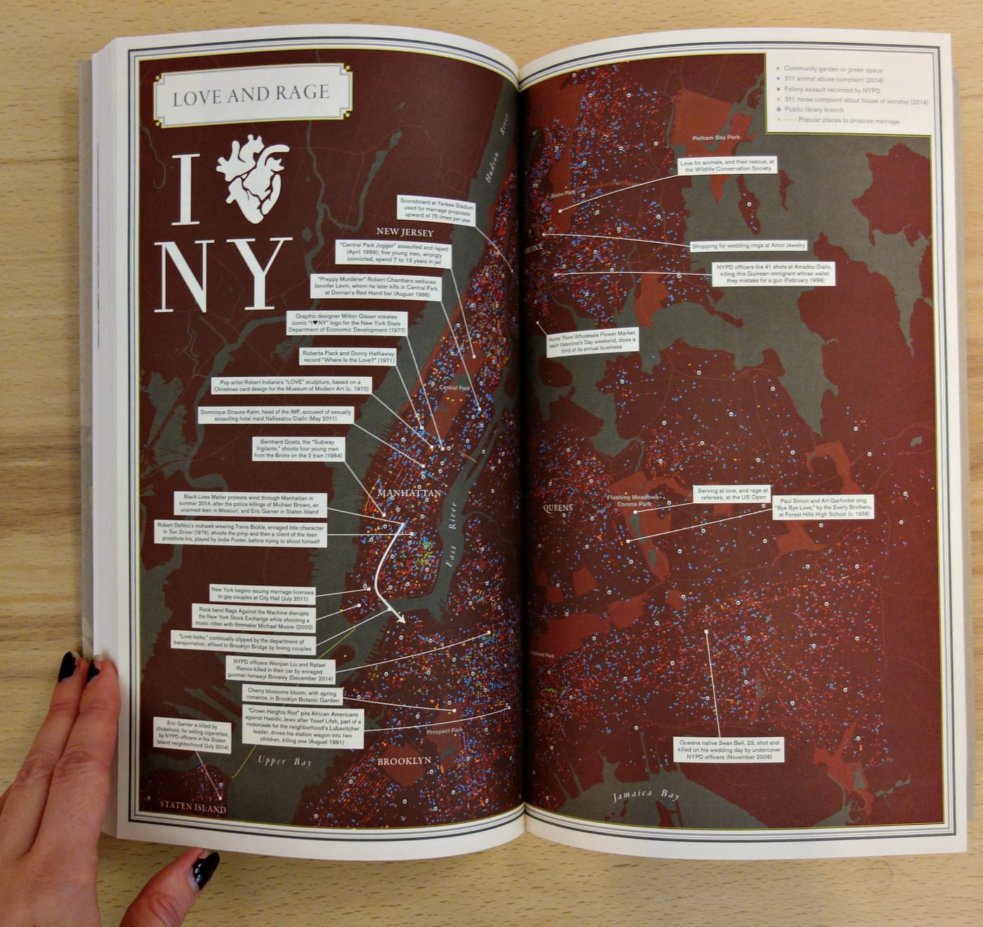Pages from Nonstop Metropolis: A New York City Atlas (photo of the book for Hyperallergic)