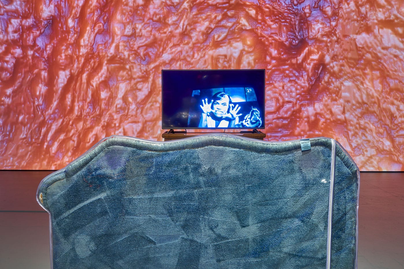 Installation view, Sondra Perry, Resident Evil at the Kitchen, with Eartha Kitt on the screen