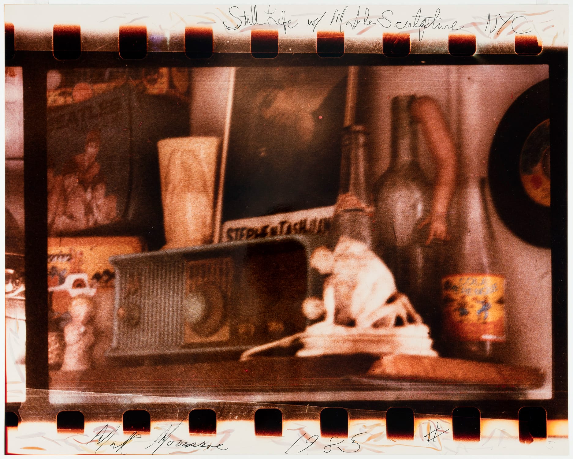 Mark Morrisroe, "Still Life with Marble Figures (In the Home of Stephen Tashjian NYC)" (1985), c-print, negative sandwich, retouched with ink and inscribed with marker, 16 x 20 in/40.5 x 50.5 cm