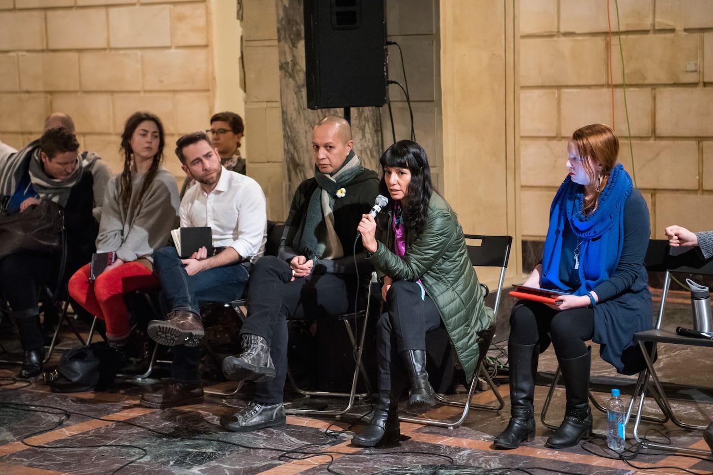 Rosy Simas (Seneca) leading discussion at "Native American Realness," organized by American Realness at ISSUE Project Room on January 7 (photo by Ian Douglas, courtesy American Realness)
