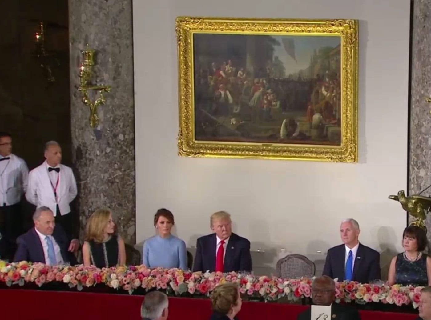 George Caleb Bingham's "The Verdict of the People" (1854) at Donald Trump's inaugural luncheon (screenshot via YouTube)