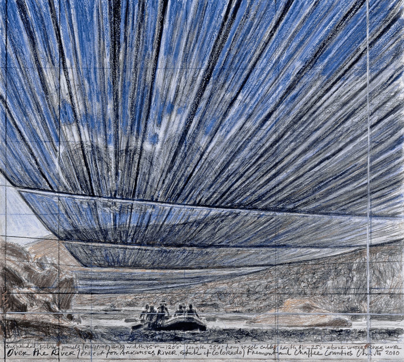 Christo, "Over The River (Project for Arkansas River, State of Colorado)" (2010), pencil, pastel, charcoal, and wax crayon, 13 7/8 x 15 1/4 in (photo by André Grossmann, © 2010 Christo)