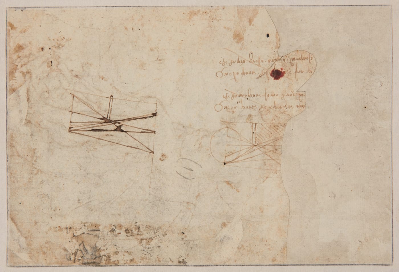 The reverse of the c. 1482 drawing attributed to Leonardo da Vinci, showing two scientific studies (©TAJAN)