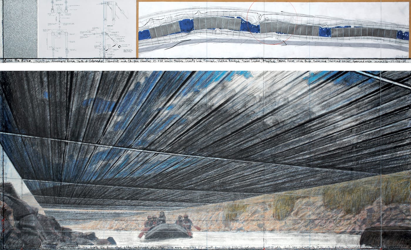Christo and Jeann-Claude, "Over The River (Project for Arkansas River, State of Colorado)" (2010), pencil, pastel, charcoal, wax crayon, enamel paint, wash, fabric sample, hand-drawn topographic map, and technical data, 15 x 96 in and 42 x 96 in (photo by André Grossmann, © 2010 Christo)