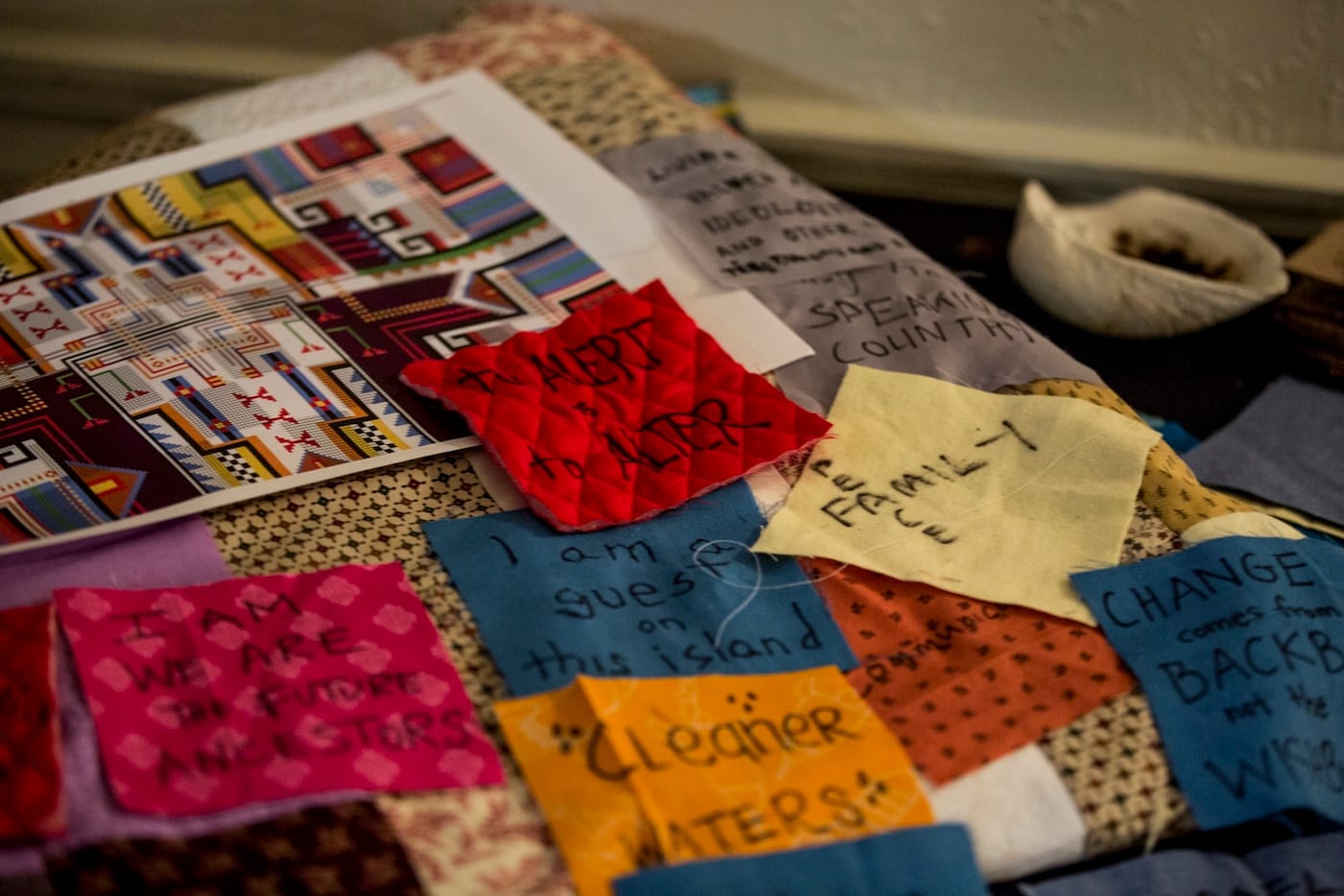 Quilt patches sewn for Emily Johnson/Catalyst Dance's "Then a Cunning Voice and A Night We Spend Gazing at Stars" as part of <em>Umyuangvigkaq</em> (photo by Maria Baranova, courtesy PS122)