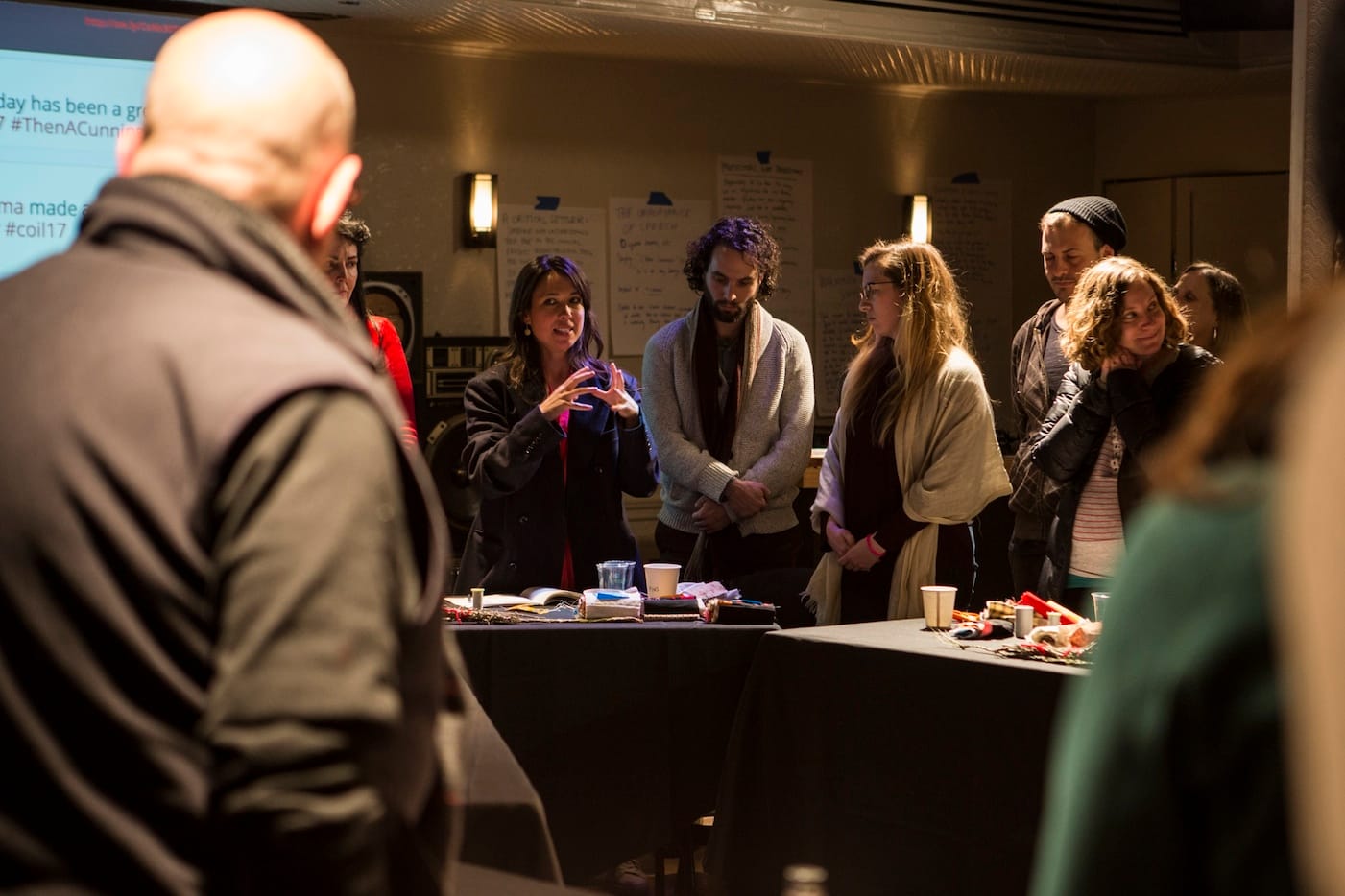 Emily Johnson (Yup'ik) leading <em>Umyuangvigkaq</em>, a PS122 Long Table and durational Sewing Bee event at the Ace Hotel on January 8 (photo by Maria Baranova, courtesy PS122)
