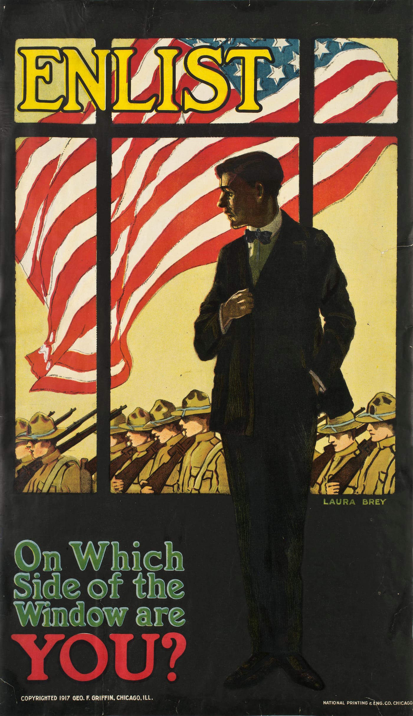 Laura Brey, "Enlist — On Which Side of the Window Are YOU?" (1917), poster, 39 × 26 in, courtesy of the New-York Historical Society (photo © the New-York Historical Society)