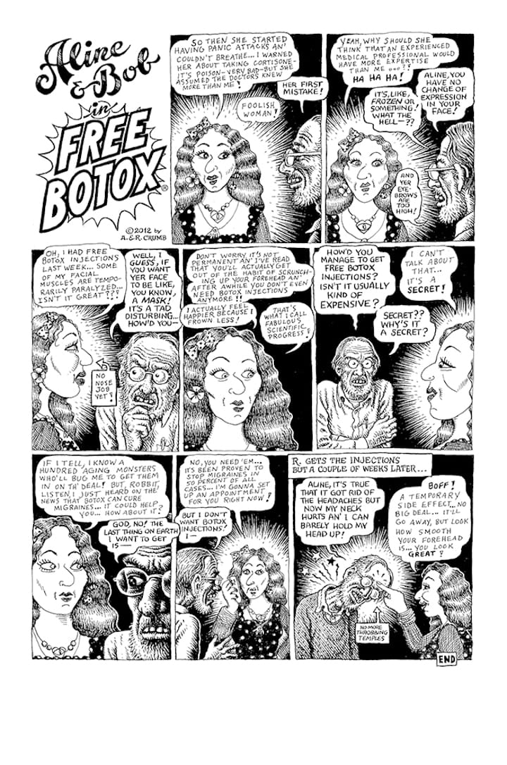Aline Kominsky-Crumb and R. Crumb, "Aline & Bob in Free Botox" (2012), ink on paper, 16 x 11 5/8 in (courtesy of the artists)