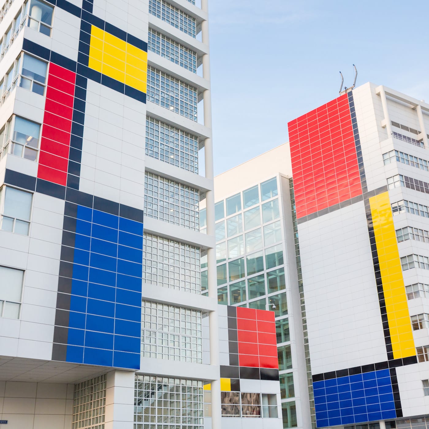 The exterior of The Hague's City Hall building transformed into "the largest Mondrian painting in the world"