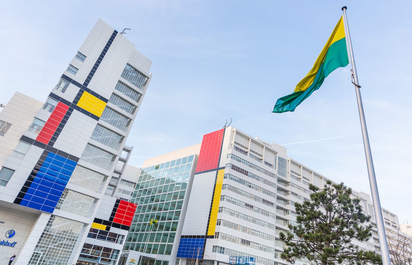 The exterior of The Hague's City Hall building transformed into "the largest Mondrian painting in the world" and the municipal flag of The Hague