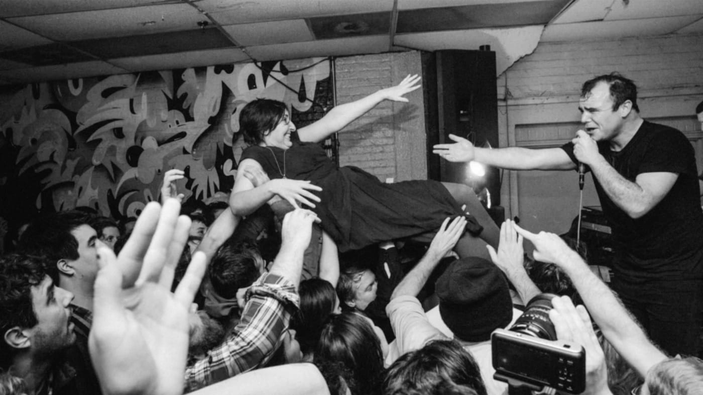 Future Islands performing in a scene from <em/>Goodnight Brooklyn — The Story of Death By Audio (2016) (all stills by the author)