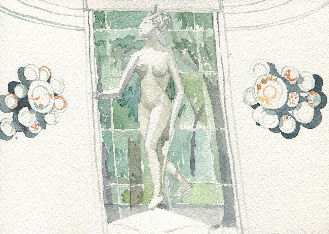 Installation view of <em>Porcelain, No Simple Matter: Arlene Shechet and the Arnhold Collection</em> at the Frick (original watercolor painting by the author for Hyperallergic)