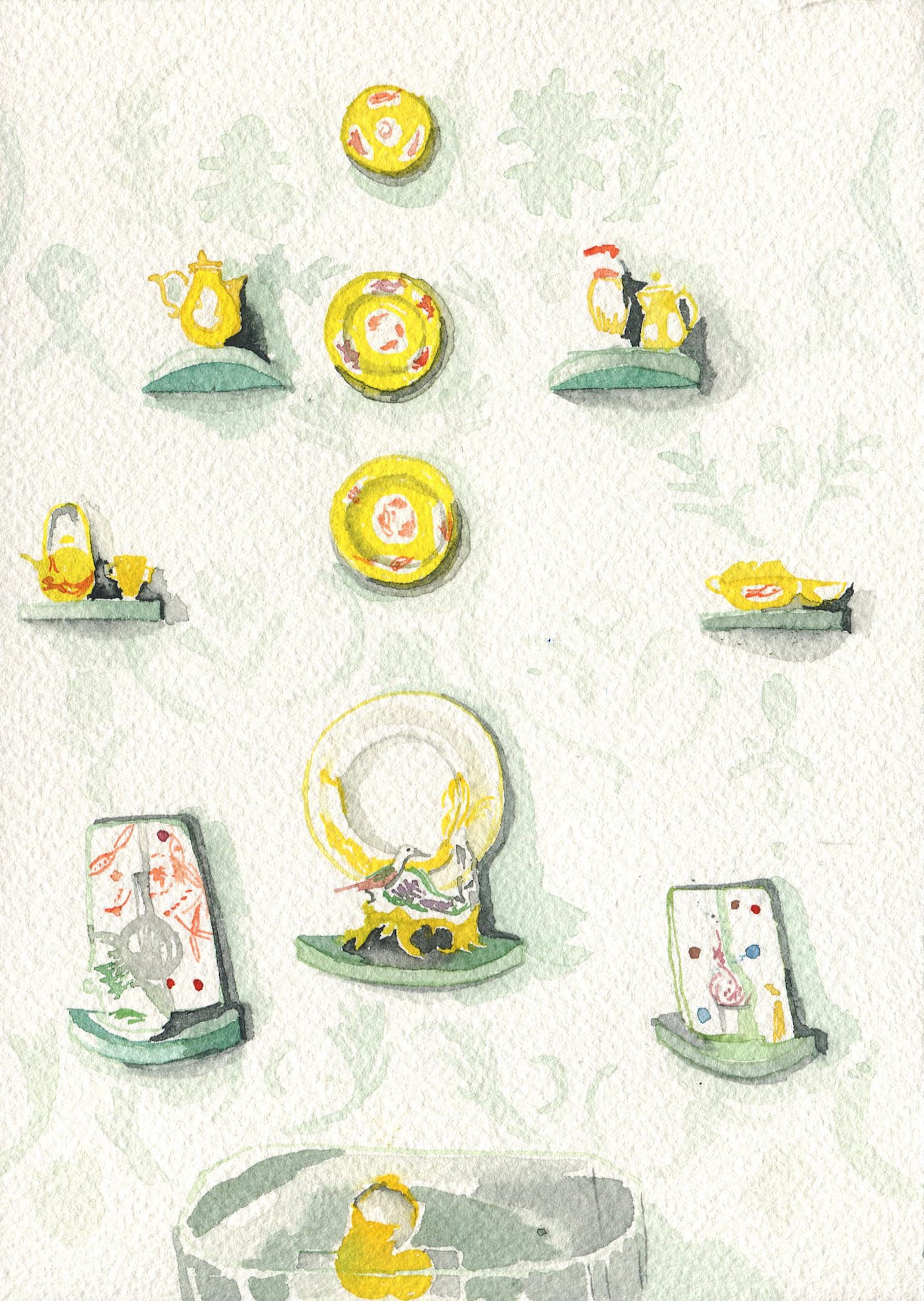 Installation view of Porcelain, No Simple Matter: Arlene Shechet and the Arnhold Collection at the Frick (original watercolor painting by the author for Hyperallergic)