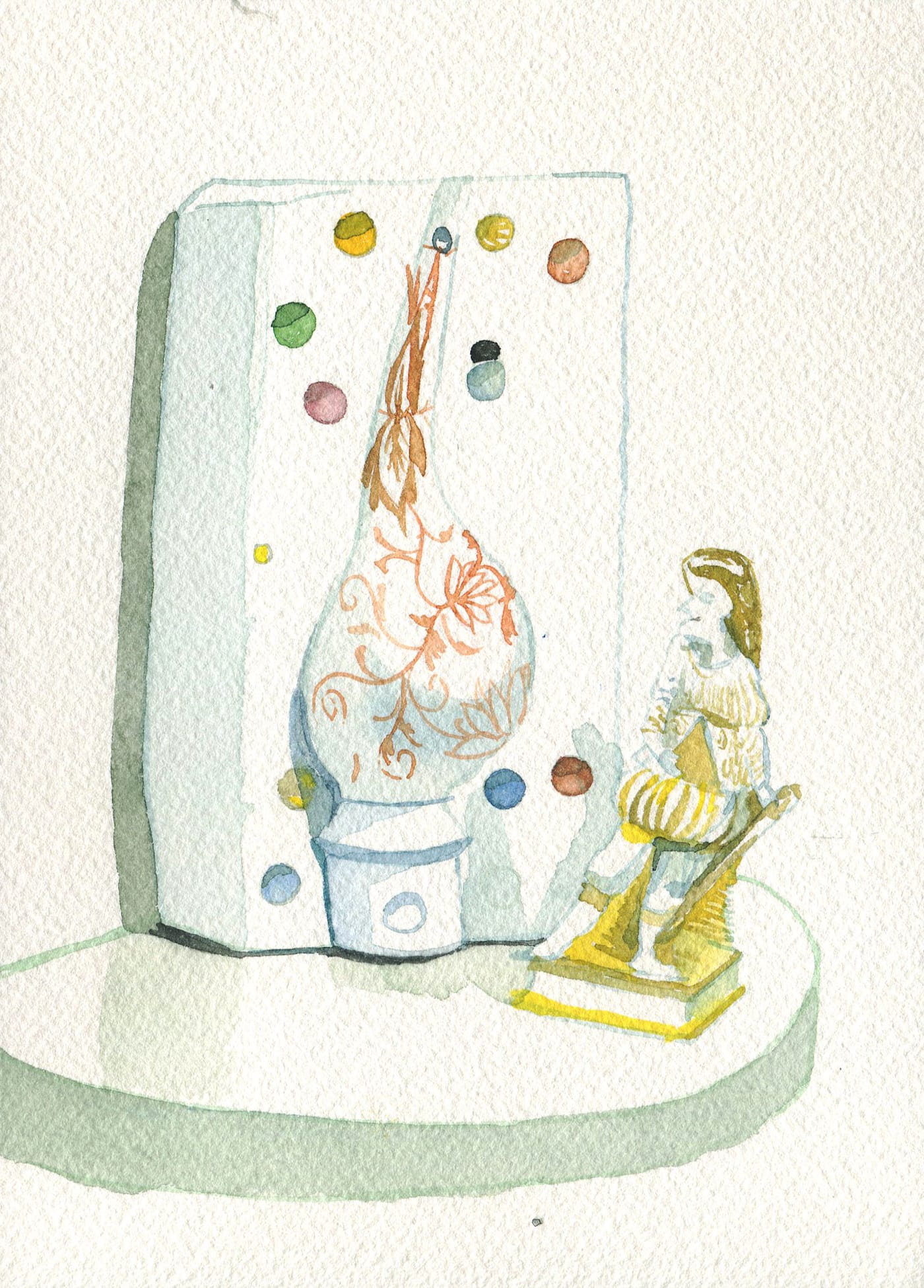 Installation view of Porcelain, No Simple Matter: Arlene Shechet and the Arnhold Collection at the Frick (original watercolor painting by the author for Hyperallergic)