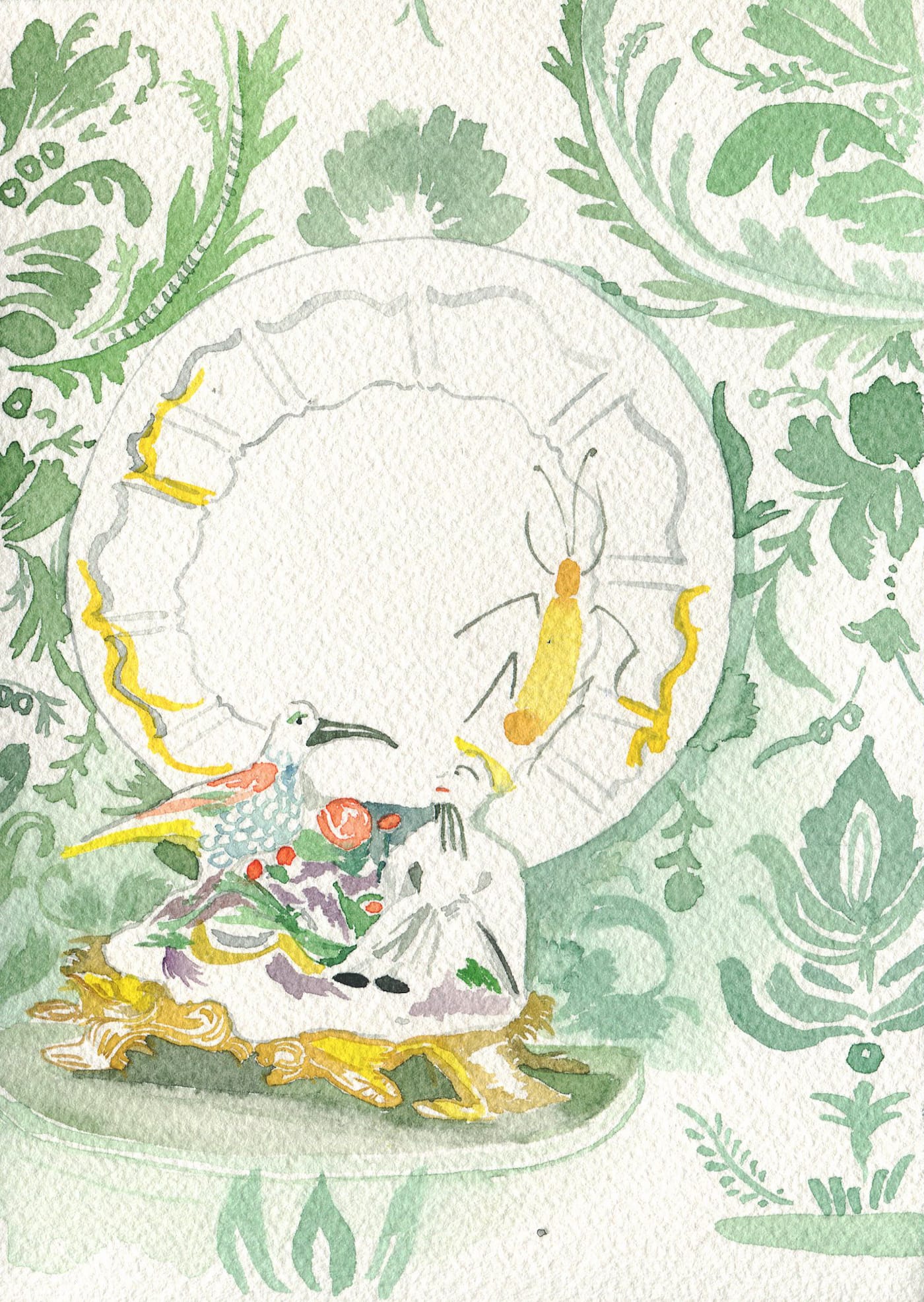 Installation view of Porcelain, No Simple Matter: Arlene Shechet and the Arnhold Collection at the Frick (original watercolor painting by the author for Hyperallergic)